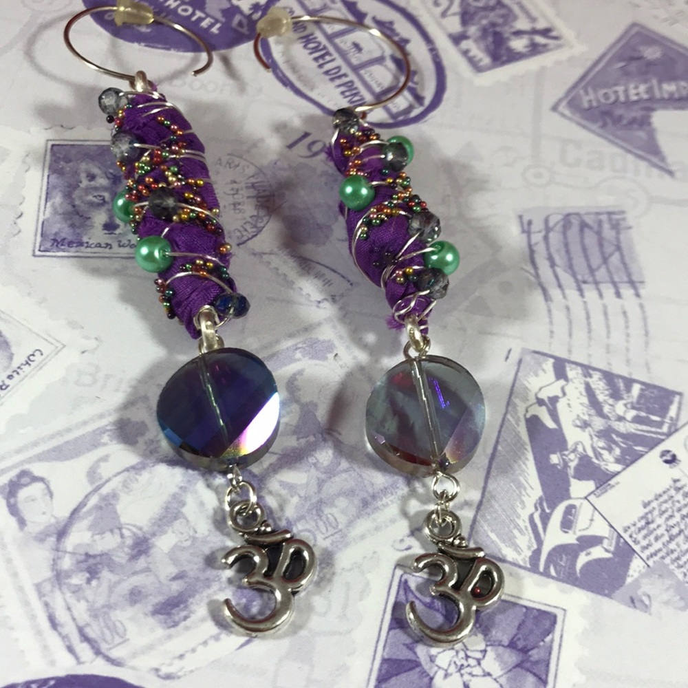 Beautiful recycled sari fabric ribbon om earrings